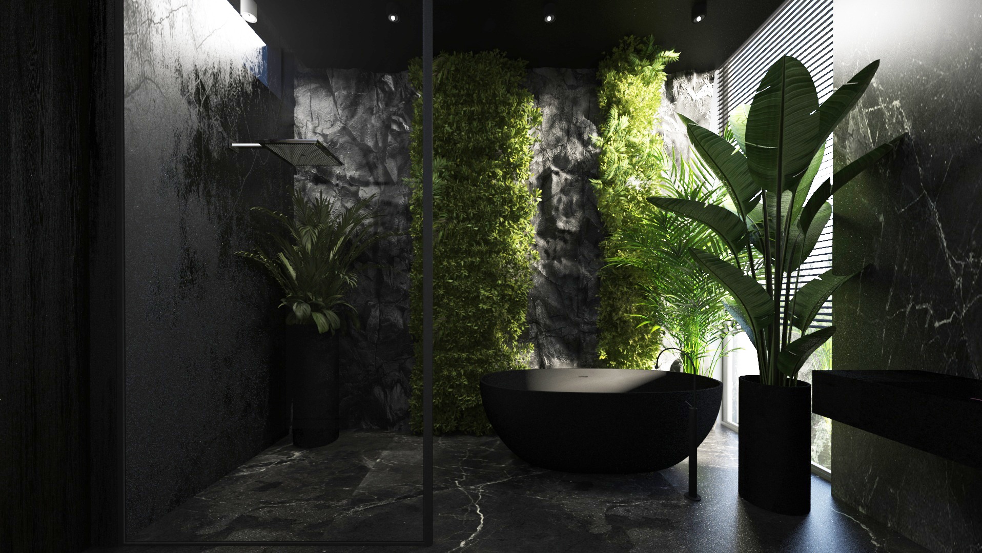 Nowoczesna łazienka w ciemnych barwach z czarną wanną wolnostojącą, ścianą z zielenią i marmurowymi wykończeniami.