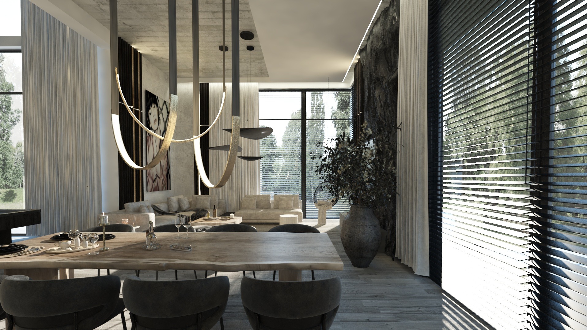 Nowoczesne wnętrze salonu z jadalnią: drewniany stół z zastawą, szare krzesła, designerska lampa, jasna sofa i duża roślina w ceramicznej donicy przy oknie.