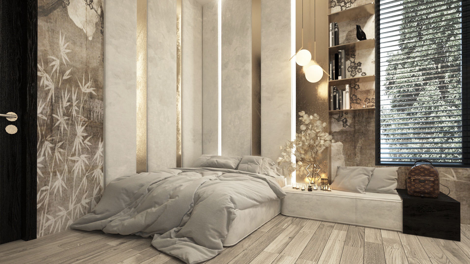Nowoczesna sypialnia z łóżkiem w odcieniach szarości, dekoracyjną ścianą z motywem bambusa, oświetleniem LED w ścianie i półką z książkami przy oknie.