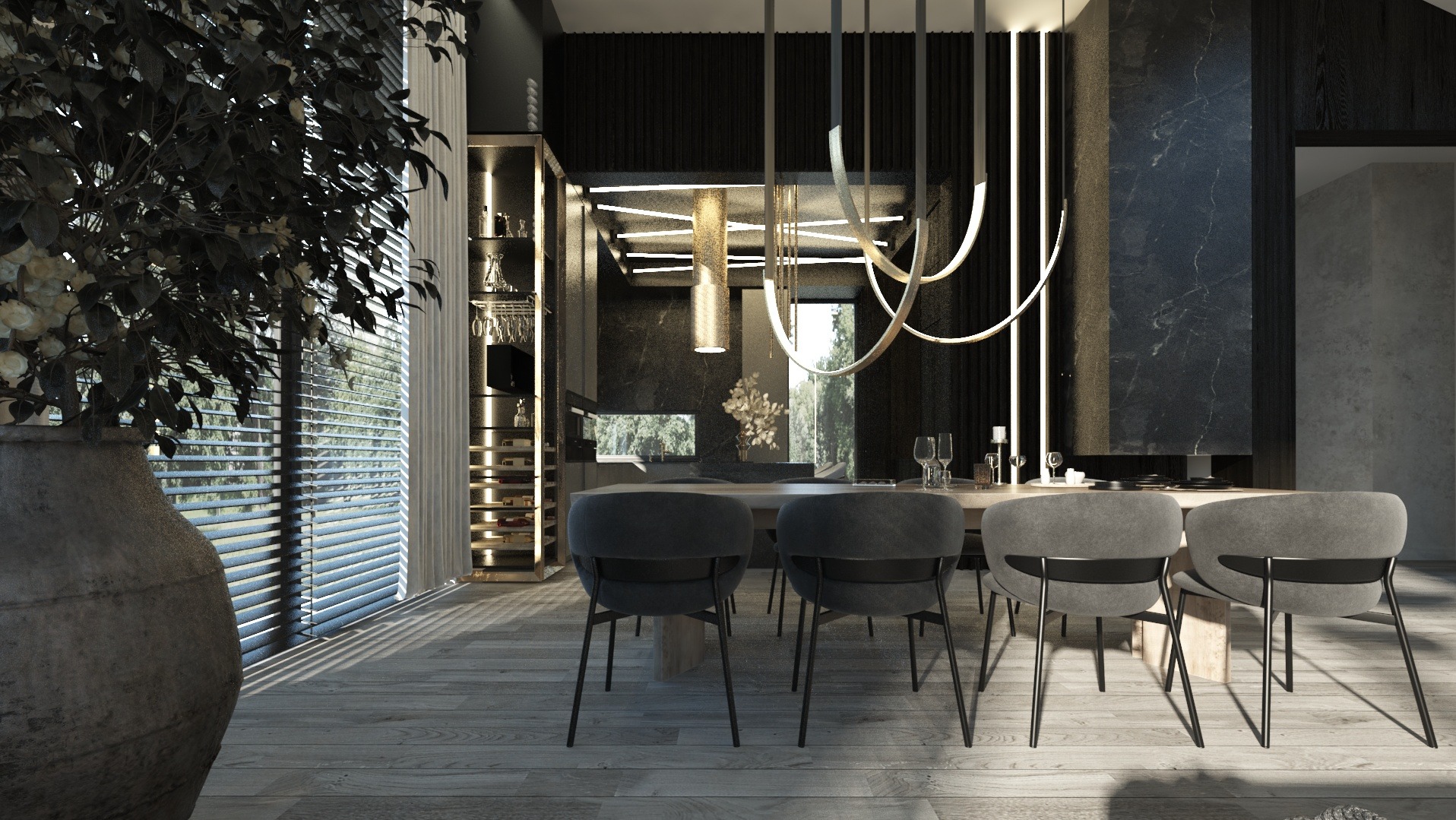 Elegancka jadalnia w odcieniach szarości i czerni z drewnianą podłogą, nowoczesnym oświetleniem i przeszkloną szafką na wino.