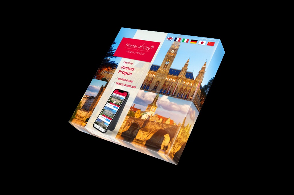 Zdjęcie pudełka gry planszowej i aplikacji mobilnej 'Master of City' z widokami Wiednia i Pragi, oferowanej w Będzinie, prezentowane na czarnym tle.
