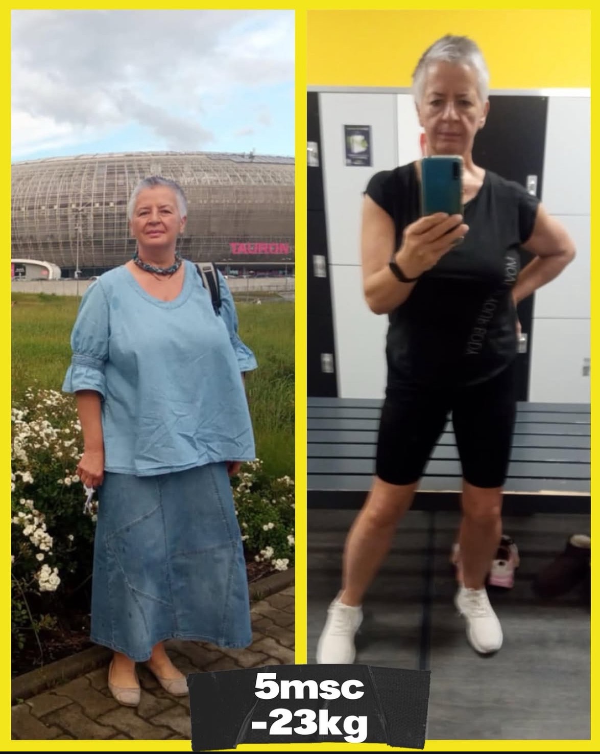 Zdjęcie typu 'przed i po' przedstawia kobietę przed i po utracie wagi, z widoczną różnicą w sylwetce i ubiorze. W tle stadion i szatnia.