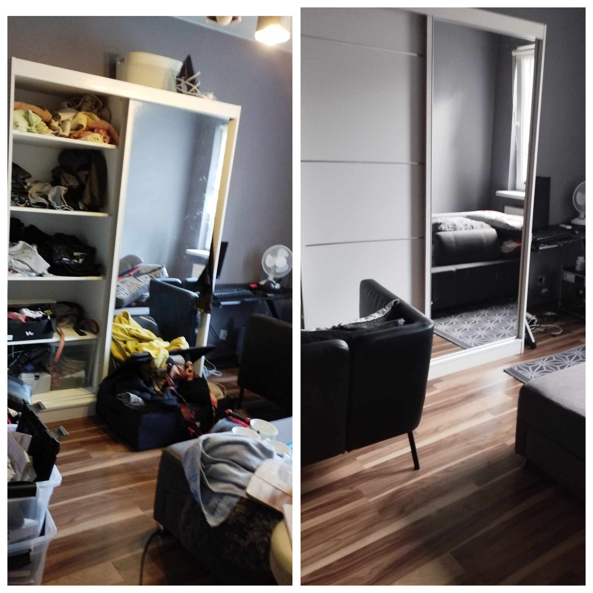 Porównanie pokoju przed i po: po lewej stronie zagracony pokój z otwartą szafą pełną ubrań i przedmiotów, po prawej stronie uporządkowany pokój z szafą z lustrzanymi drzwiami przesuwnymi, widoczny...