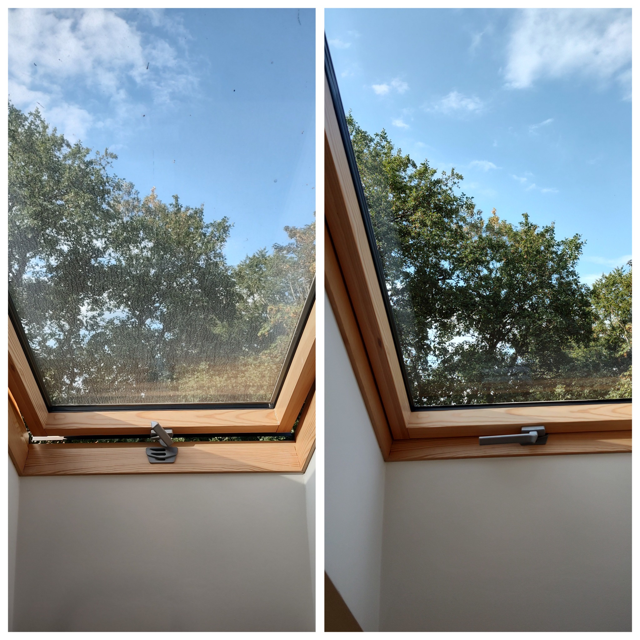 Porównanie okna dachowego przed i po umyciu: po lewej stronie brudna szyba z widocznymi smugami i zaciekami, po prawej czysta, przezroczysta szyba z widokiem na drzewa i błękitne niebo.