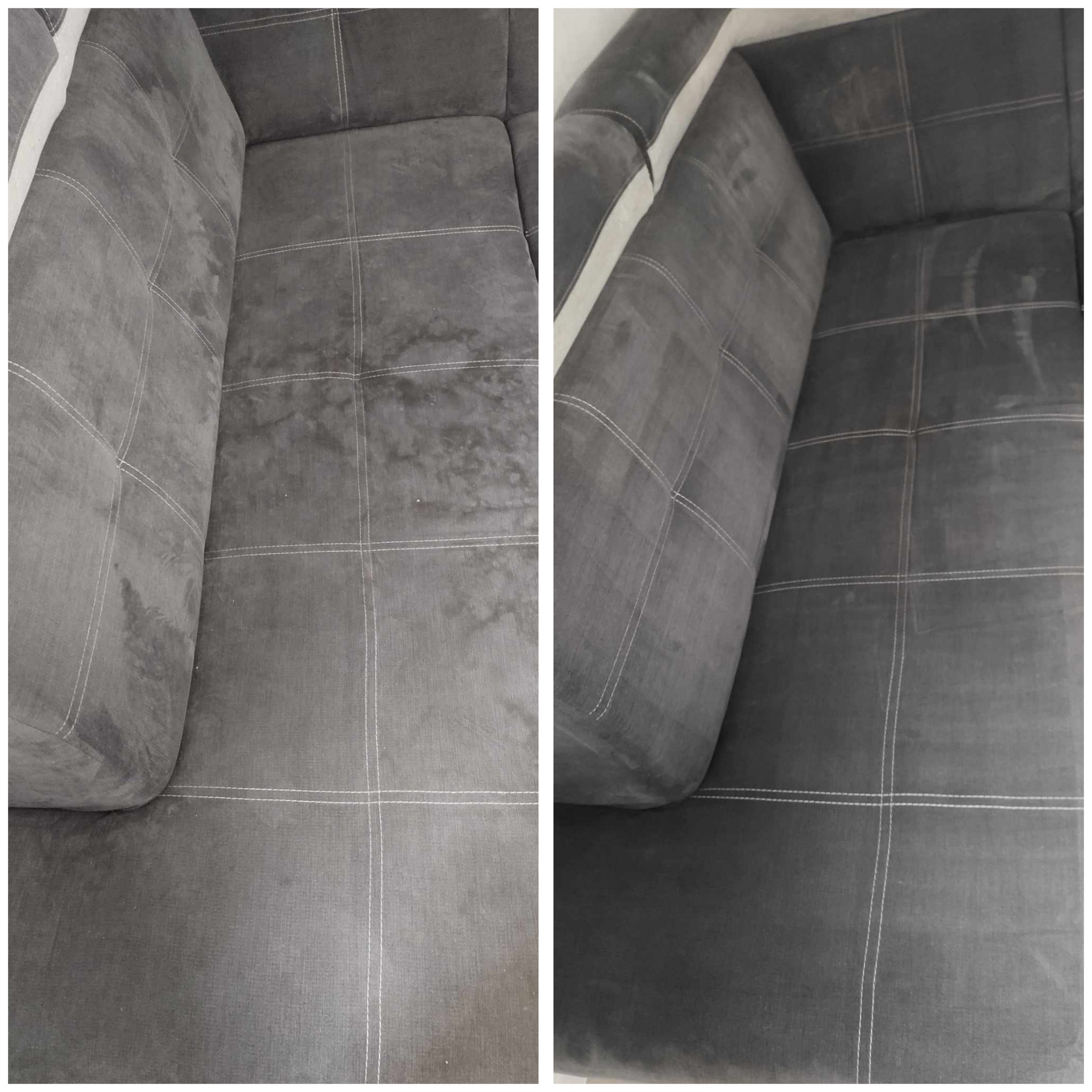 Porównanie: fragment szarej, tapicerowanej sofy z widocznymi plamami przed czyszczeniem (po lewej) i po czyszczeniu (po prawej), ukazujące skuteczność usługi prania tapicerki.