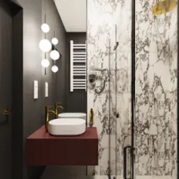 Nowoczesna łazienka z marmurowymi płytkami, złotą armaturą i wiszącą szafką z umywalkami w kolorze burgundowym, oświetlona kulistymi lampami.