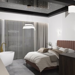 APART DESIGN - Nowoczesna sypialnia z wolnostojącą wanną przy oknie, oświetlenie sufitowe imitujące gwiazdy, brązowe wezgłowie łóżka i minimalistyczne lampy ścienne.