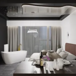 Nowoczesna sypialnia z wolnostojącą wanną, telewizorem z logo Netflix i dekoracyjnym oświetleniem sufitowym imitującym gwiazdy, widok z perspektywy aneksu kuchennego z zastawionym stołem.