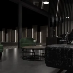 Nowoczesne biuro z zielonymi fotelami, okrągłym stolikiem kawowym, biurkiem i czarnym samochodem terenowym w tle.