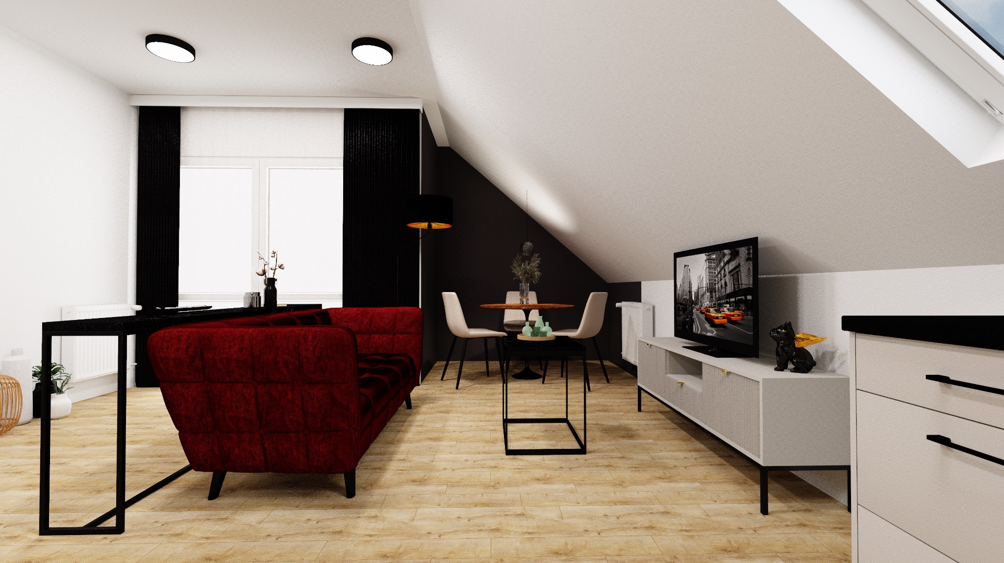 Wizualizacja poddasza z czerwonym, pikowanym narożnikiem, okrągłym stołem jadalnym z krzesłami, szafką RTV z czarną figurką psa i telewizorem wyświetlającym obraz miasta.