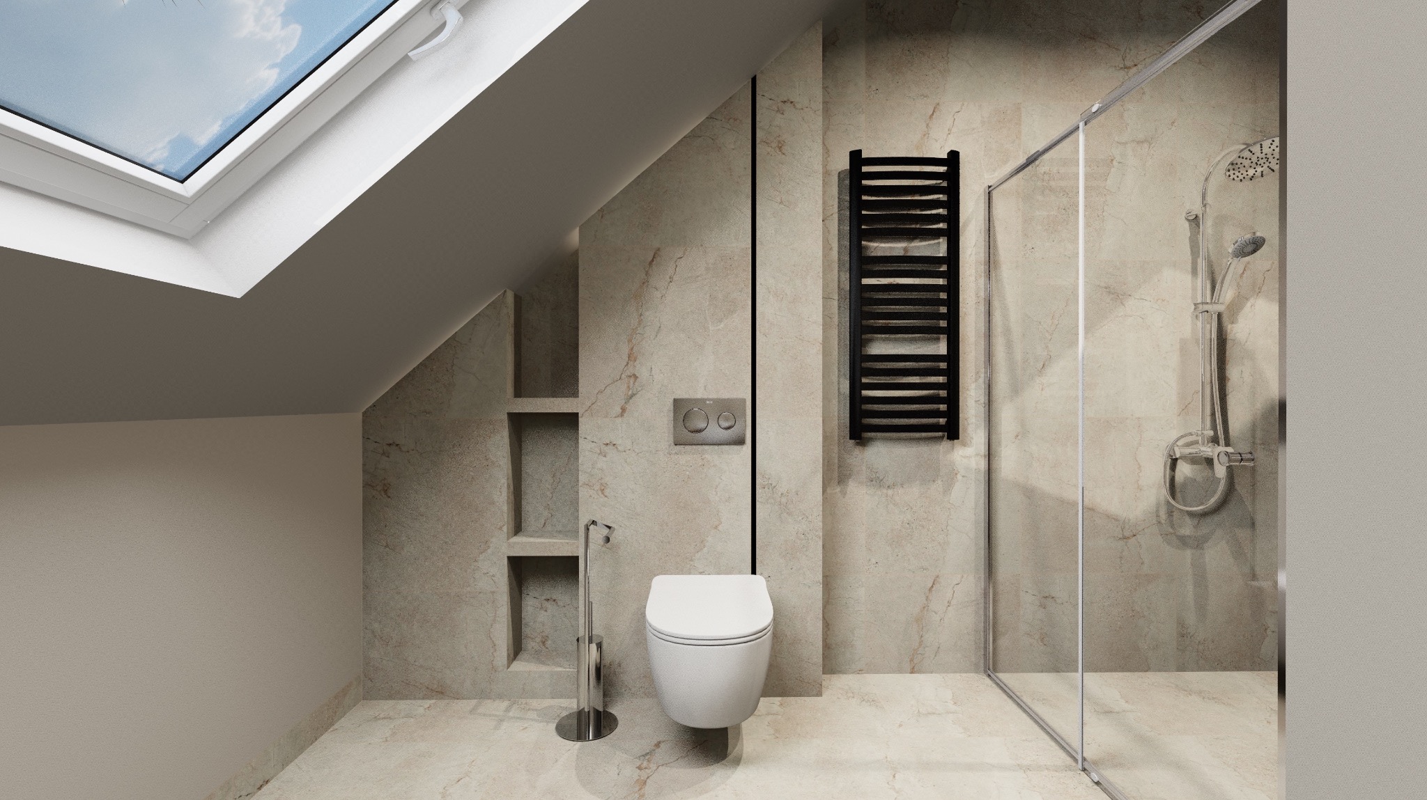 Nowoczesna łazienka na poddaszu z oknem dachowym, wykończona płytkami imitującymi marmur, z kabiną prysznicową, toaletą wiszącą i czarnym grzejnikiem drabinkowym.