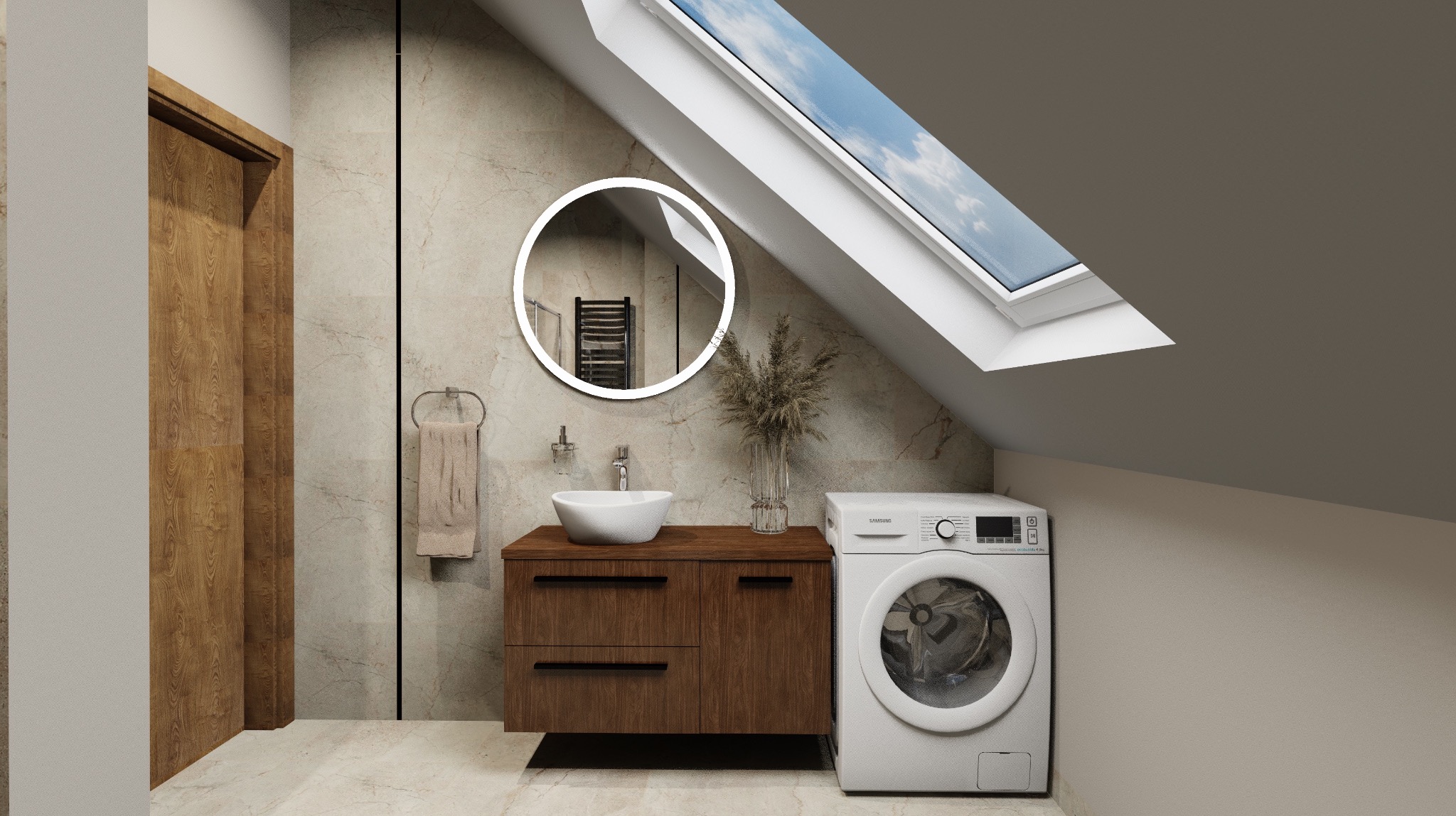 Jasna łazienka na poddaszu z oknem dachowym, okrągłym lustrem z podświetleniem LED, umywalką nablatową na szafce z ciemnego drewna i pralką Samsung.