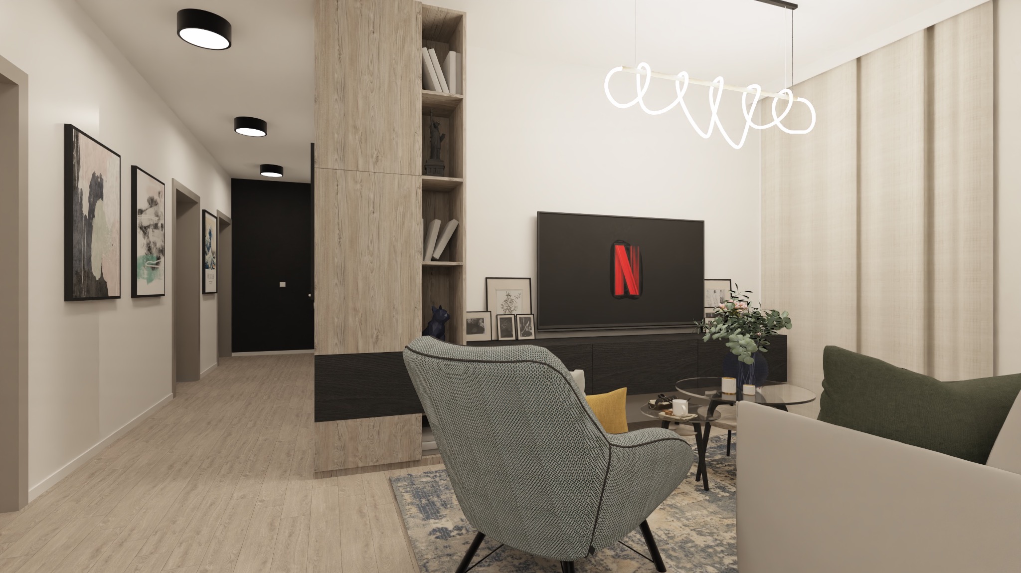 Wizualizacja salonu z drewnianą zabudową, szarą sofą i dekoracyjnym oświetleniem sufitowym, widok na korytarz z obrazami.