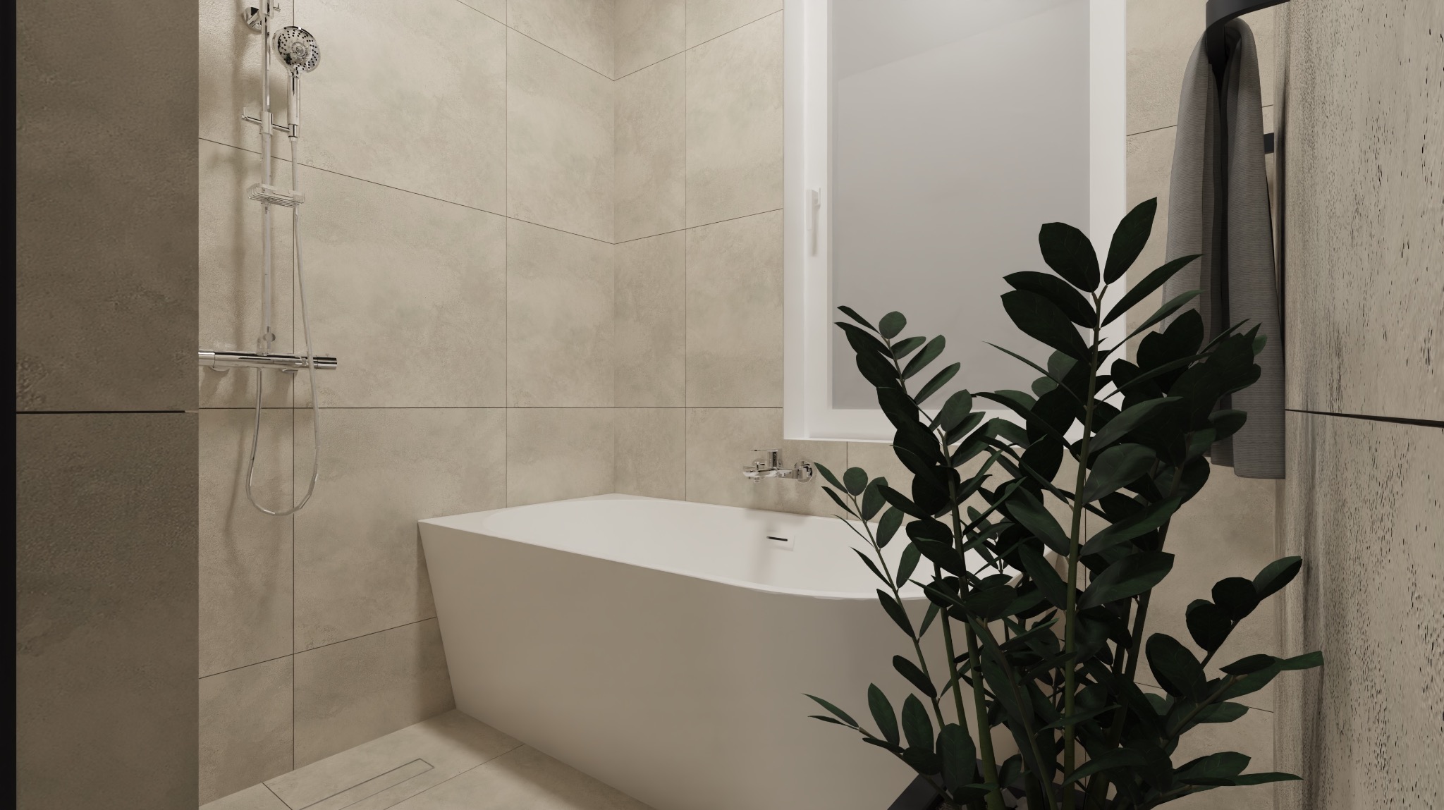 Minimalistyczna łazienka z wolnostojącą wanną, deszczownicą i beżowymi płytkami, oświetlona naturalnym światłem z okna, z rośliną doniczkową w pierwszym planie.