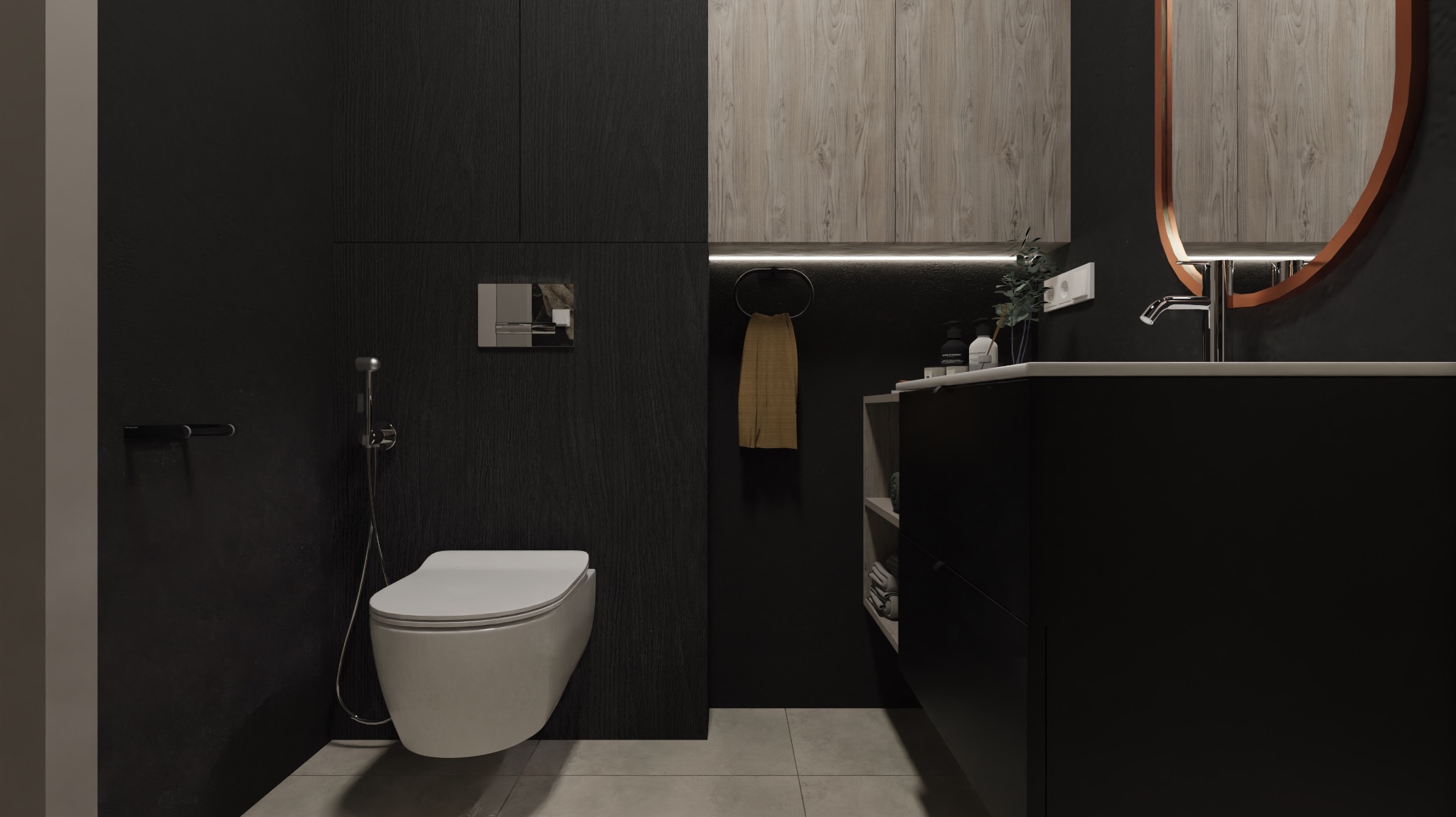 Nowoczesna łazienka z czarnymi ścianami, wiszącą toaletą z bidetką, szafką umywalkową z drewnianymi frontami, okrągłym lustrem w miedzianej ramie i oświetleniem LED.
