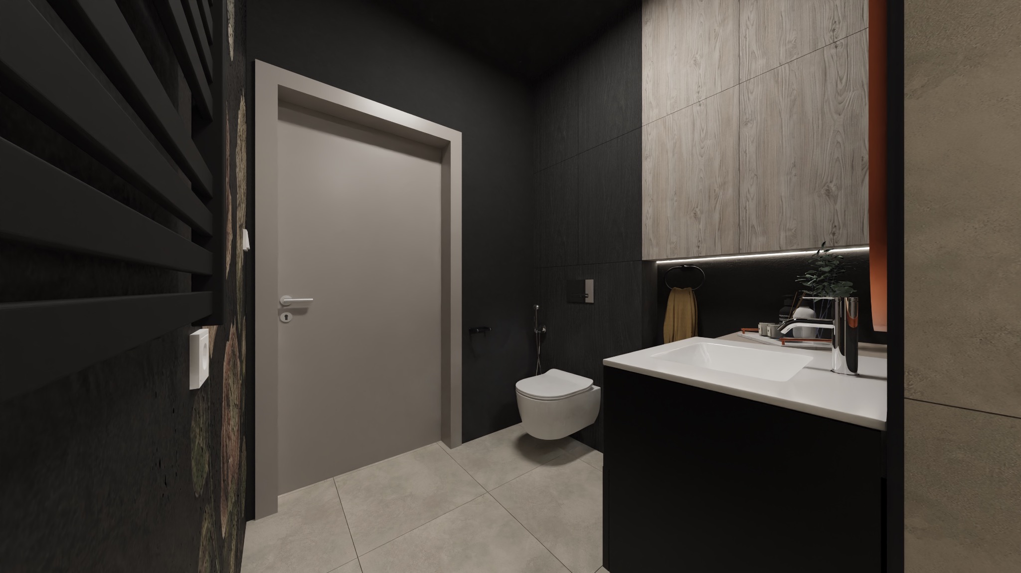 Nowoczesna łazienka z ciemnymi ścianami, jasnymi płytkami podłogowymi i drewnianymi szafkami wiszącymi, oświetlona subtelnym światłem LED pod szafkami.