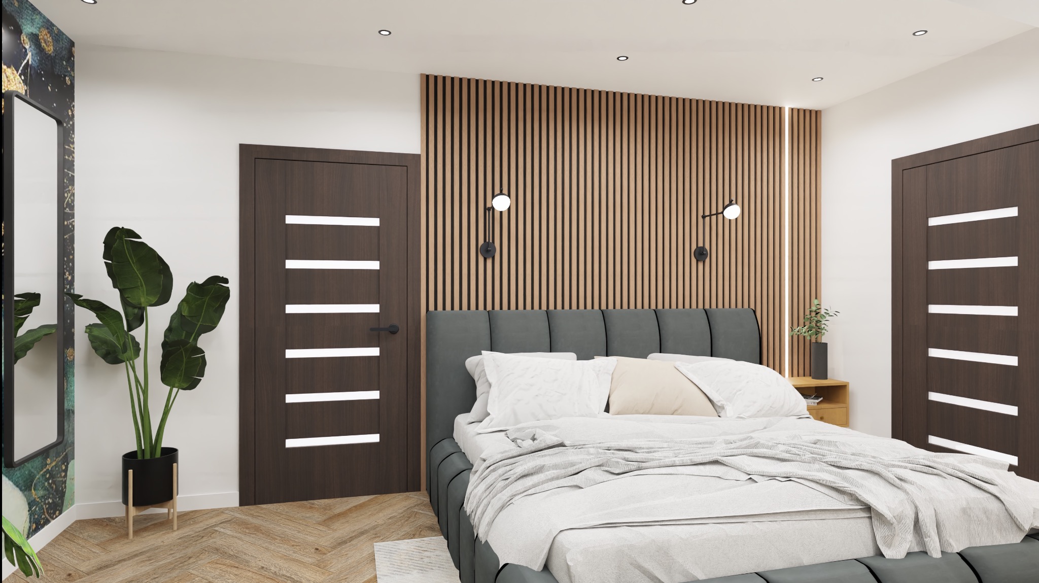 Elegancka sypialnia z łóżkiem z szarym zagłówkiem, drewnianą ścianą z listew i lampami ściennymi, drewnianą podłogą w jodełkę oraz rośliną w czarnej donicy.