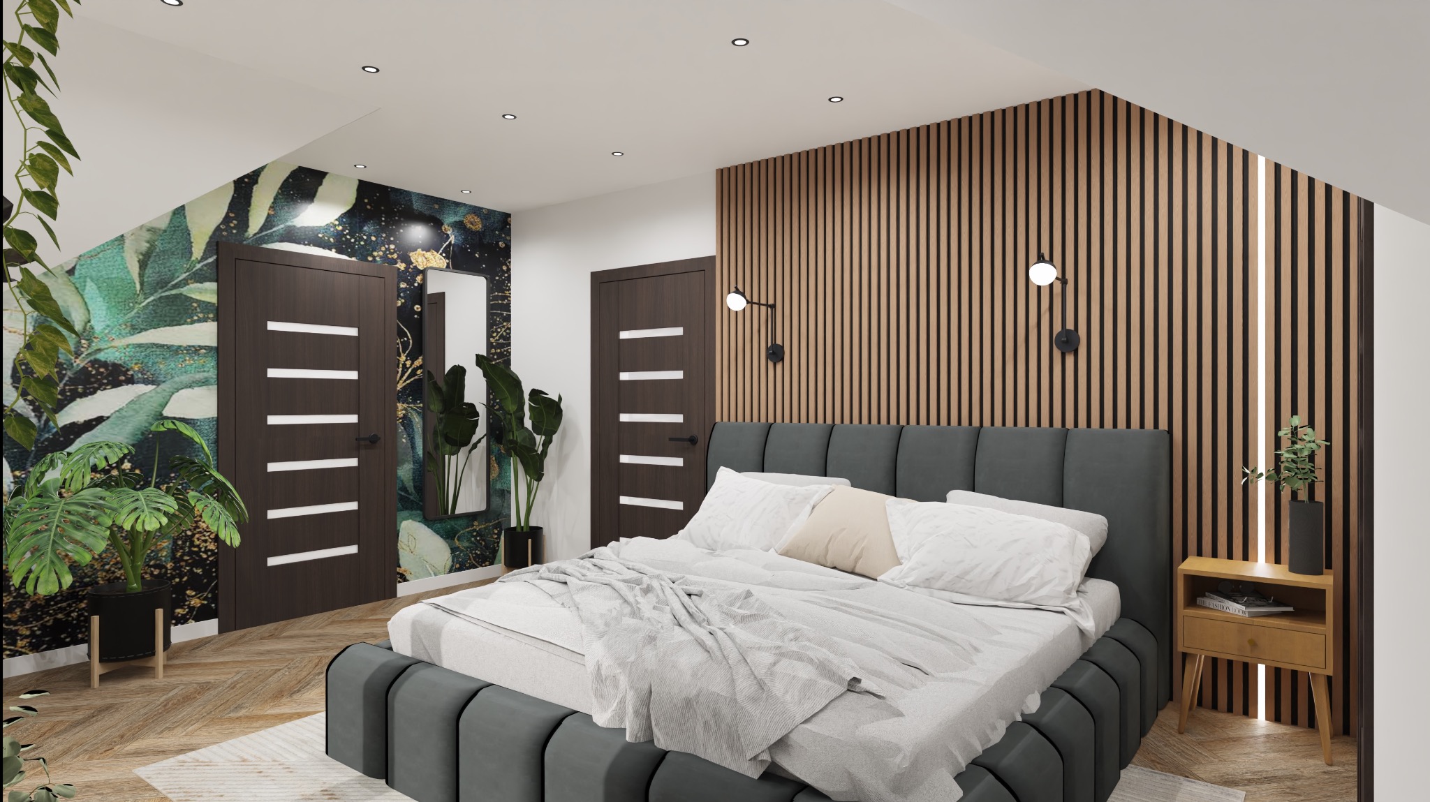 Nowoczesna sypialnia z łóżkiem kontynentalnym, drewnianą ścianą z lamelami i roślinnym motywem na ścianie, oświetlona lampkami ściennymi i punktowymi.