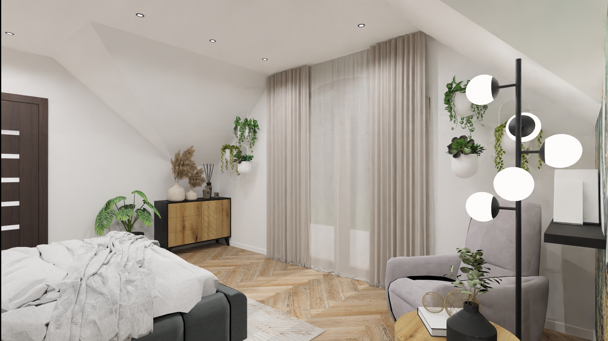 Jasna sypialnia na poddaszu z łóżkiem, komodą z dekoracjami, lampą podłogową z kulami i wiszącymi roślinami w doniczkach.