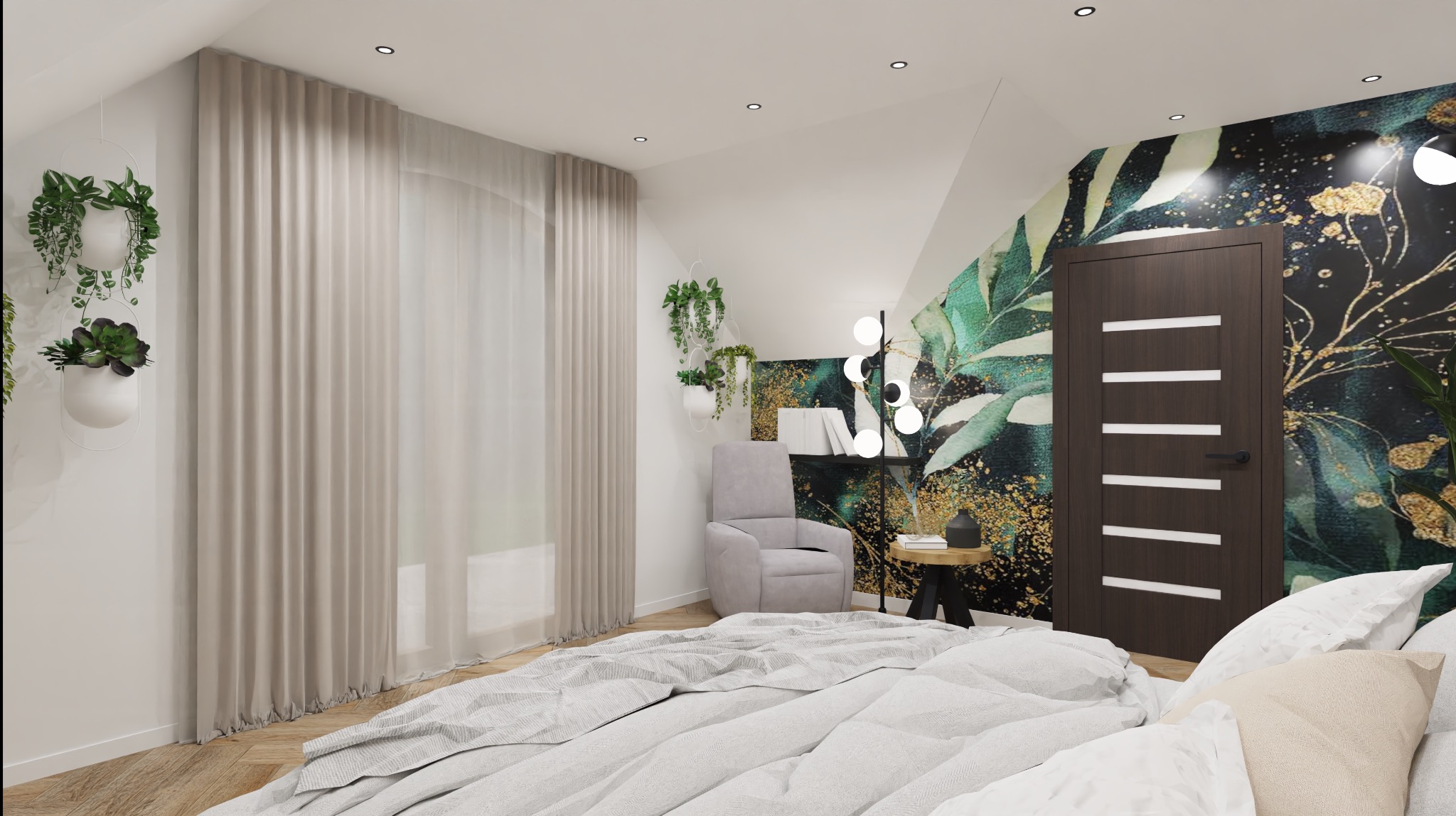 Jasna sypialnia z łóżkiem w nieładzie, fotel obok regału z książkami i lampą kulistą, ściana z motywem liści i złotymi akcentami, wiszące rośliny doniczkowe przy oknie.