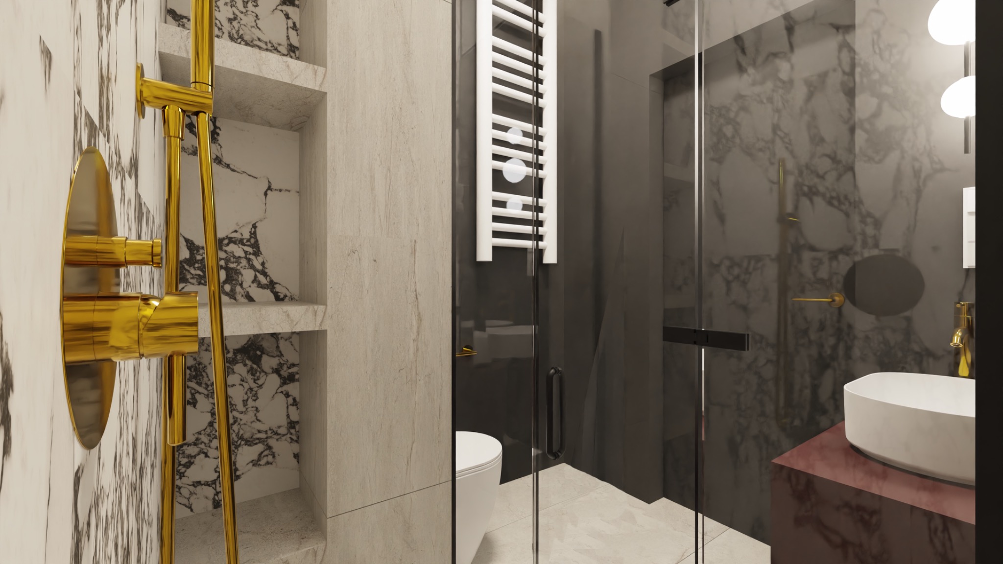 Wizualizacja łazienki: kabina prysznicowa ze szklanymi drzwiami, marmurowe ściany, bateria prysznicowa w kolorze złotym, biała umywalka nablatowa na bordowej szafce, grzejnik drabinkowy.