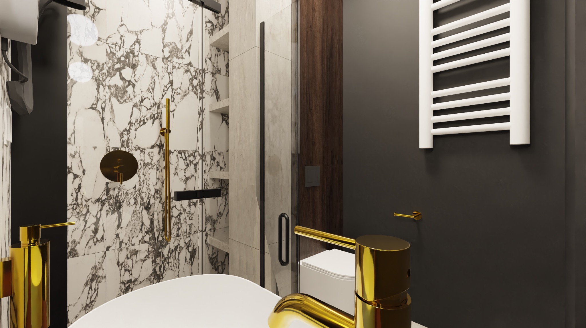 Wizualizacja łazienki z kabiną prysznicową wyłożoną marmurem, złotą armaturą i grzejnikiem drabinkowym na ciemnoszarej ścianie.