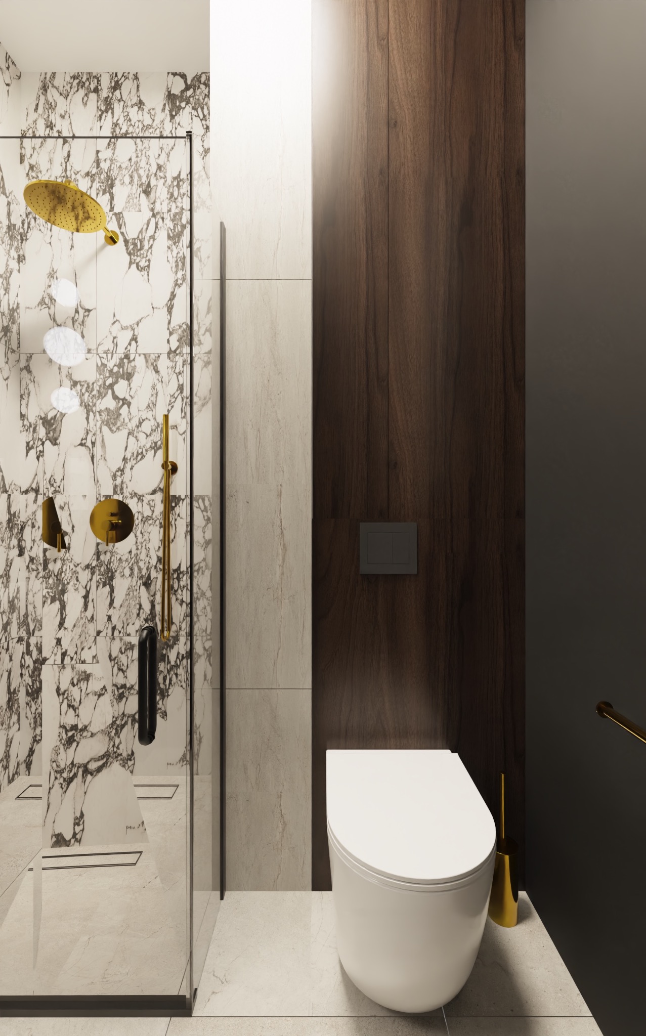 Nowoczesna łazienka z kabiną prysznicową wykończoną marmurem, złotą armaturą i toaletą w zabudowie z drewnianym panelem.