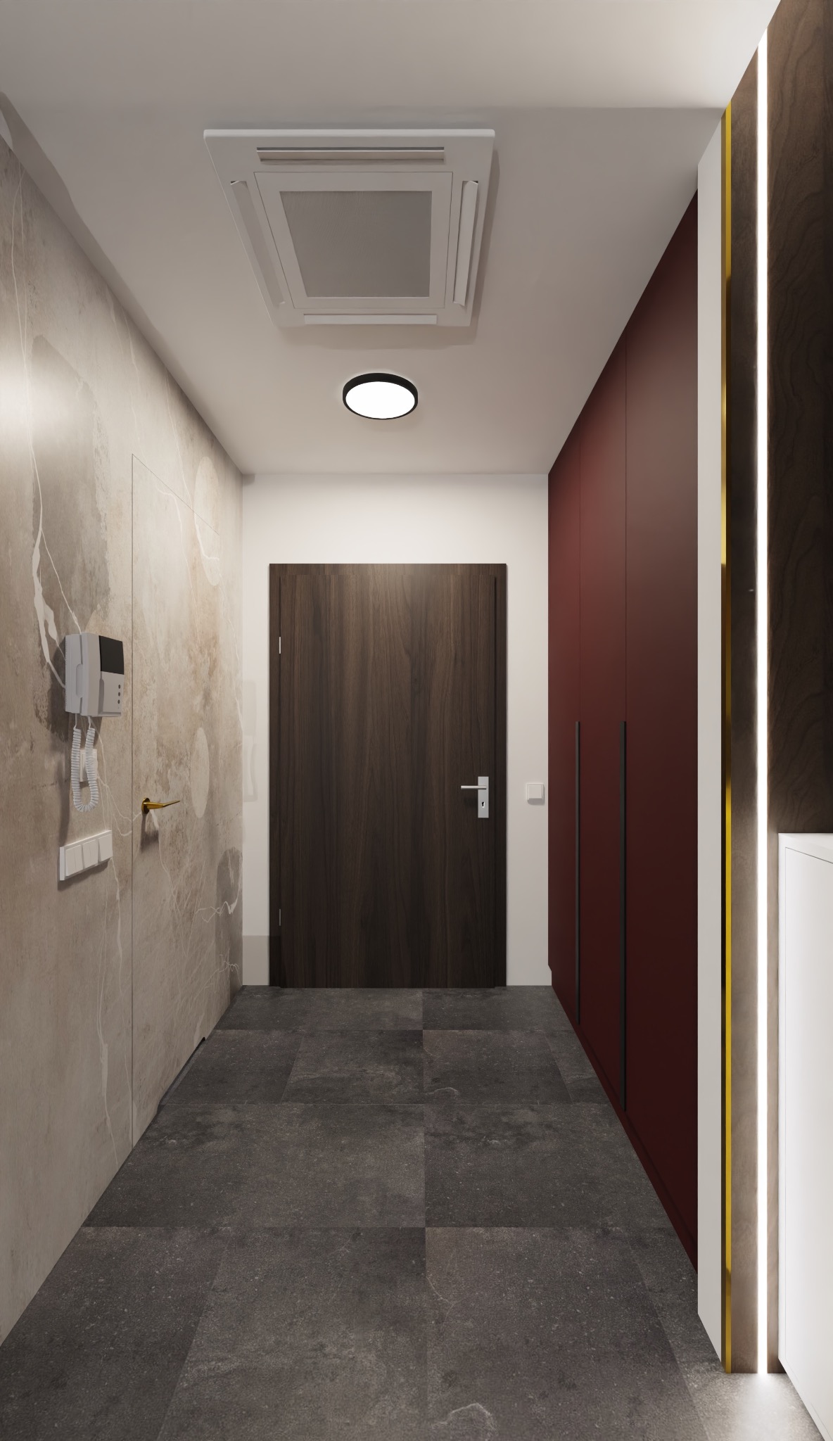 Nowoczesny przedpokój z marmurową ścianą, ciemnymi płytkami podłogowymi, wbudowaną klimatyzacją sufitową i bordową szafą z oświetleniem LED.