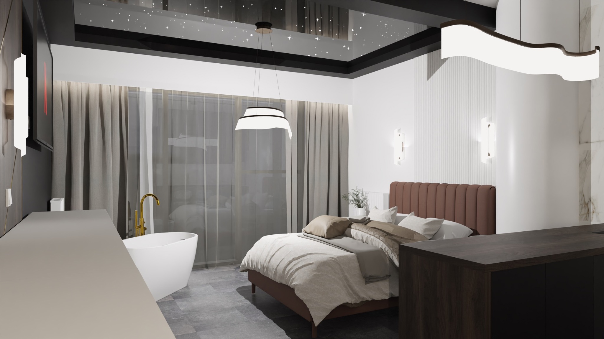Nowoczesna sypialnia z wolnostojącą wanną przy oknie, oświetlenie sufitowe imitujące gwiazdy, brązowe wezgłowie łóżka i minimalistyczne lampy ścienne.