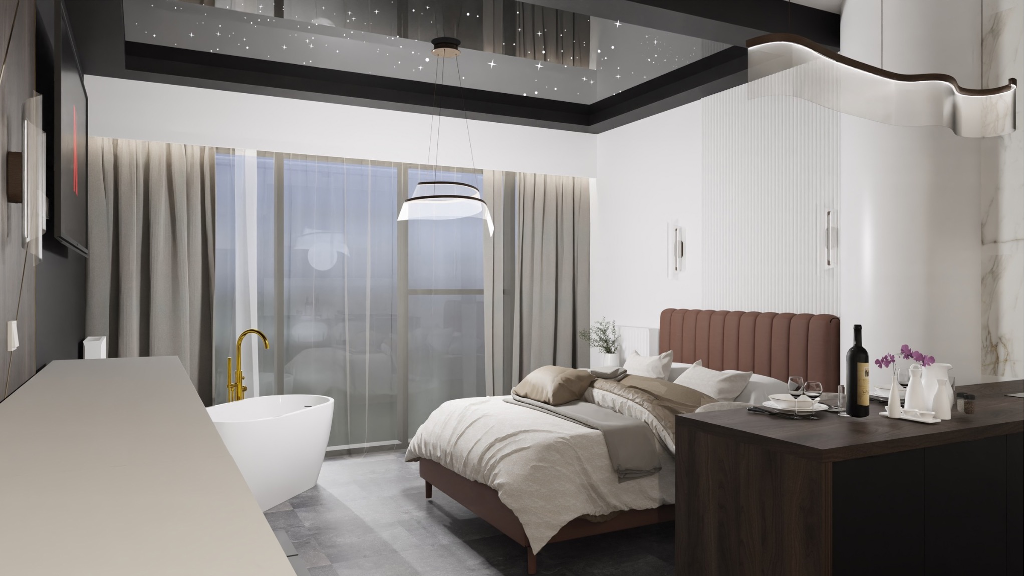 Nowoczesna sypialnia z wolnostojącą wanną, złotą armaturą i podświetlanym sufitem imitującym gwiazdy, widok na łóżko z brązowym zagłówkiem i stolik z winem i kwiatami.