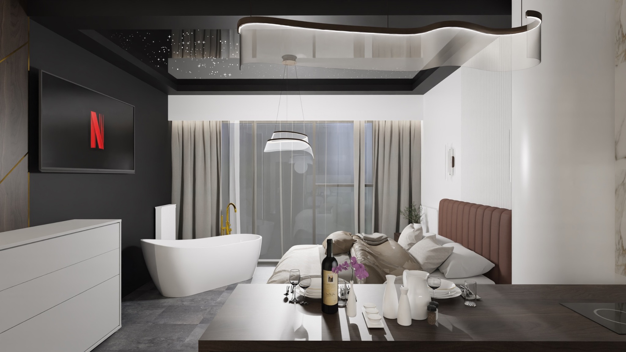 Nowoczesna sypialnia z wolnostojącą wanną, telewizorem z logo Netflix i dekoracyjnym oświetleniem sufitowym imitującym gwiazdy, widok z perspektywy aneksu kuchennego z zastawionym stołem.