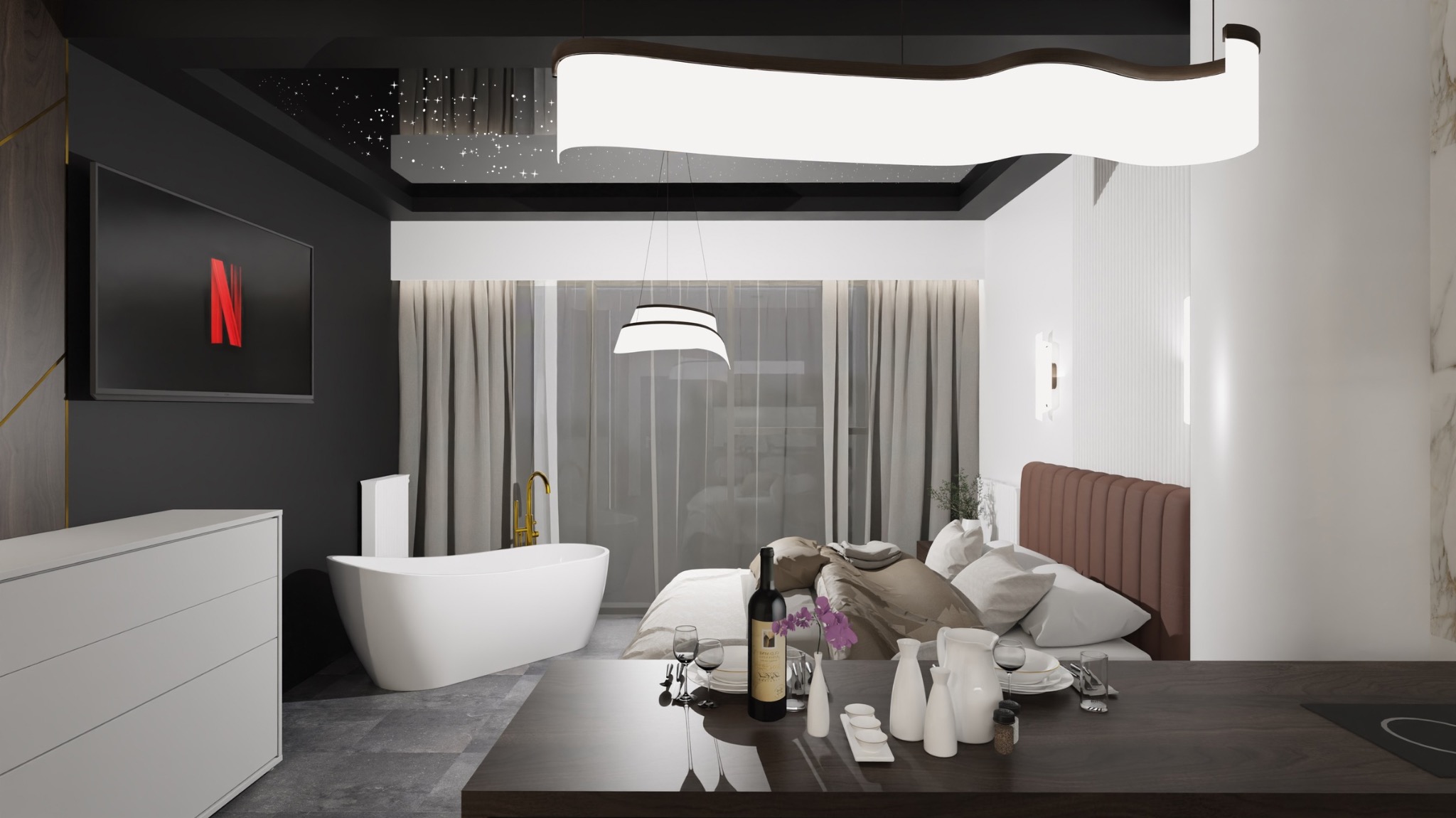 Luksusowa sypialnia z wolnostojącą wanną, telewizorem z logo Netflix i dekoracyjnym oświetleniem sufitowym imitującym gwiazdy, widok z blatu z zastawą i butelką wina.