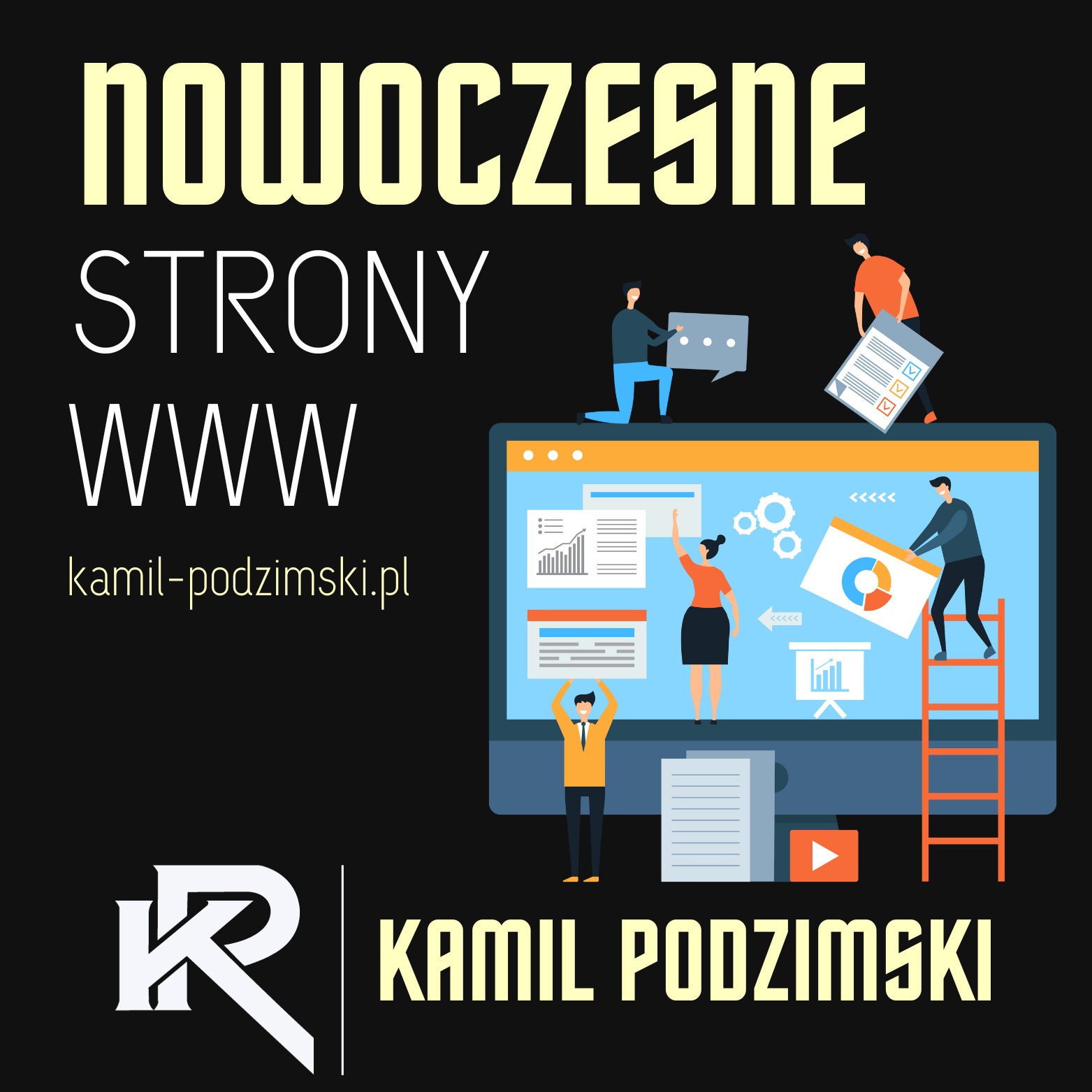 Ilustracja koncepcji tworzenia nowoczesnej strony internetowej w Zabrzu, z postaciami pracującymi nad elementami strony, takimi jak wykresy, tekst i interfejs użytkownika.