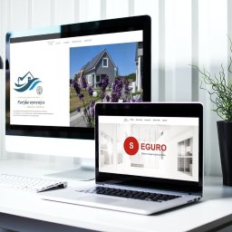 Marcin Konopnicki Portfolio - Dwa ekrany pokazujące strony internetowe na biurku z lampką i rośliną doniczkową. Na monitorze strona z logo 'Morskie opowieści', na laptopie strona z logo 'SEGURO'.