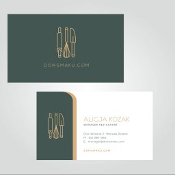 Marcin Konopnicki Portfolio - Dwie wizytówki z minimalistycznym logo: wałek, trzepaczka i nóż kuchenny w kolorze złotym, nazwa firmy DOMSMAKU.COM, dane kontaktowe Alicji Kozak, manager restauracji, adres i e-mail.