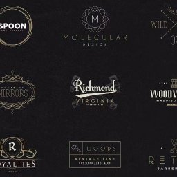 Marcin Konopnicki Portfolio - Kolekcja eleganckich, minimalistycznych logotypów w odcieniach złota i bieli na ciemnym teksturowanym tle, prezentująca różnorodne style i branże, od fotografii po barber shop.