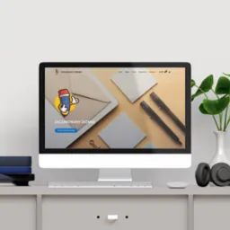 Strona internetowa 'Zaczarowany Ołówek' na monitorze, obok słuchawki i wazon. Minimalistyczny design w Płotach. Maskotka ołówka z kciukiem w górę.