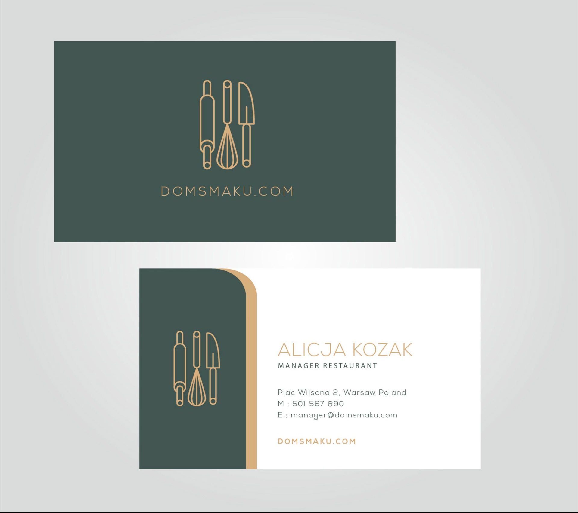 Dwie wizytówki z minimalistycznym logo: wałek, trzepaczka i nóż kuchenny w kolorze złotym, nazwa firmy DOMSMAKU.COM, dane kontaktowe Alicji Kozak, manager restauracji, adres i e-mail.