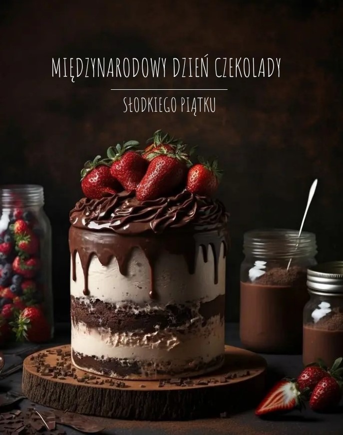 Warstwowy tort czekoladowy z polewą i truskawkami na drewnianym plastrze, obok słoiki z owocami i deserem, z napisem 'Międzynarodowy Dzień Czekolady. Słodkiego Piątku'.