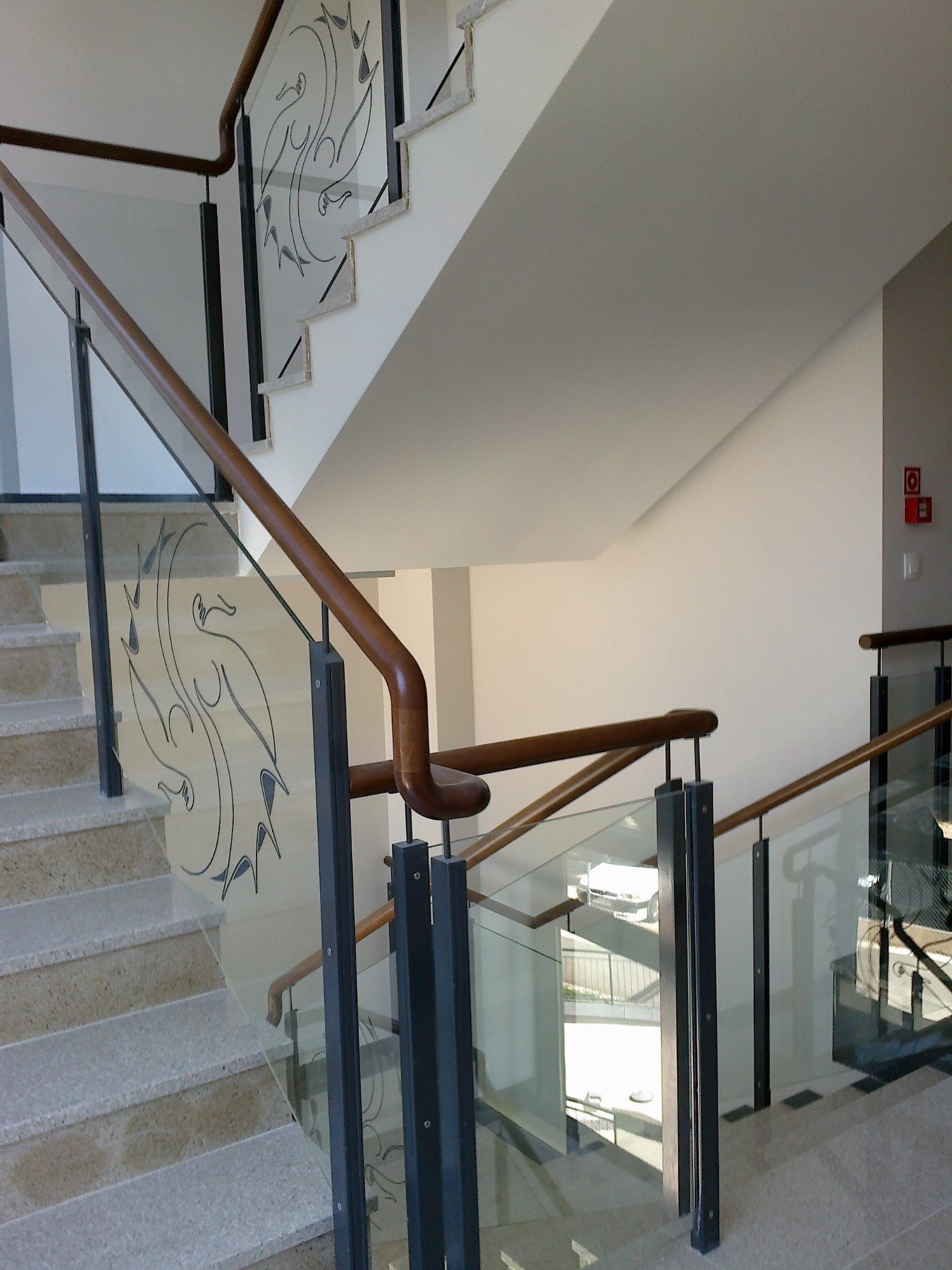 Wewnętrzne schody z kamiennymi stopniami i szklaną balustradą z dekoracyjnym motywem roślinnym, drewnianą poręczą i czarnymi słupkami.