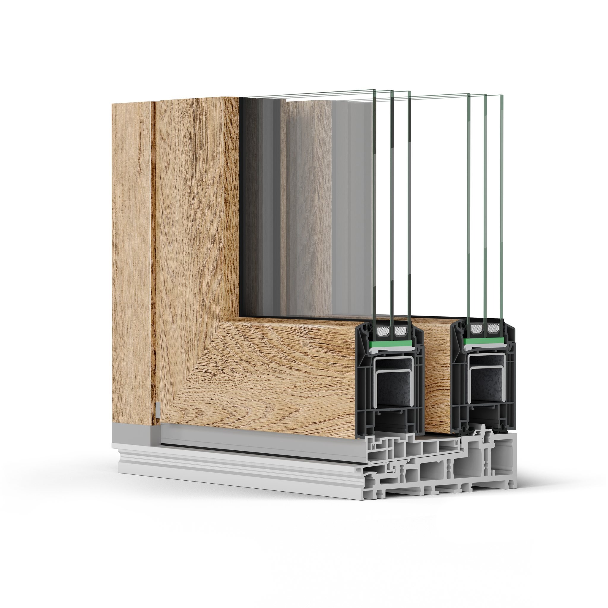 Przekrój okna z ramą w okleinie drewnopodobnej, ukazujący profil PCV z trzema szybami, detale uszczelnień i komory wewnętrzne.