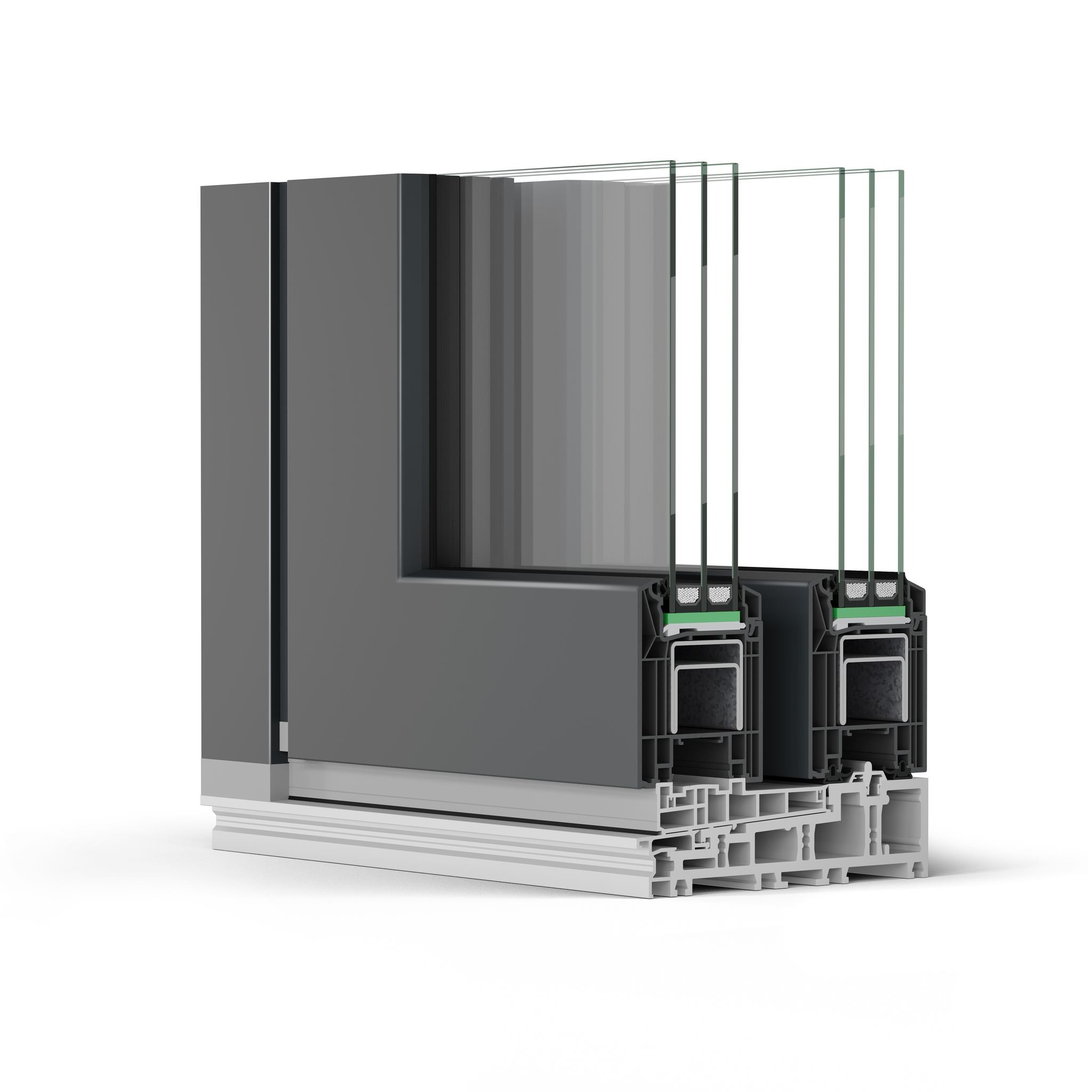 Przekrój poprzeczny okna z szarą ramą, ukazujący wielokomorową konstrukcję profilu i potrójne szyby, na białym tle.