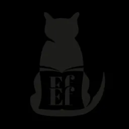 Sylwetka kota czytającego otwartą książkę z literami 'Ef' na czarnym tle.
