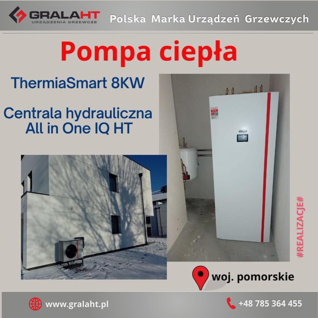 Pompa ciepła ThermiaSmart 8KW All in One IQ HT wewnątrz budynku, z centralą hydrauliczną i jednostką zewnętrzną na tle ośnieżonego budynku. Elementy graficzne z logo firmy, adresem strony i numerem...