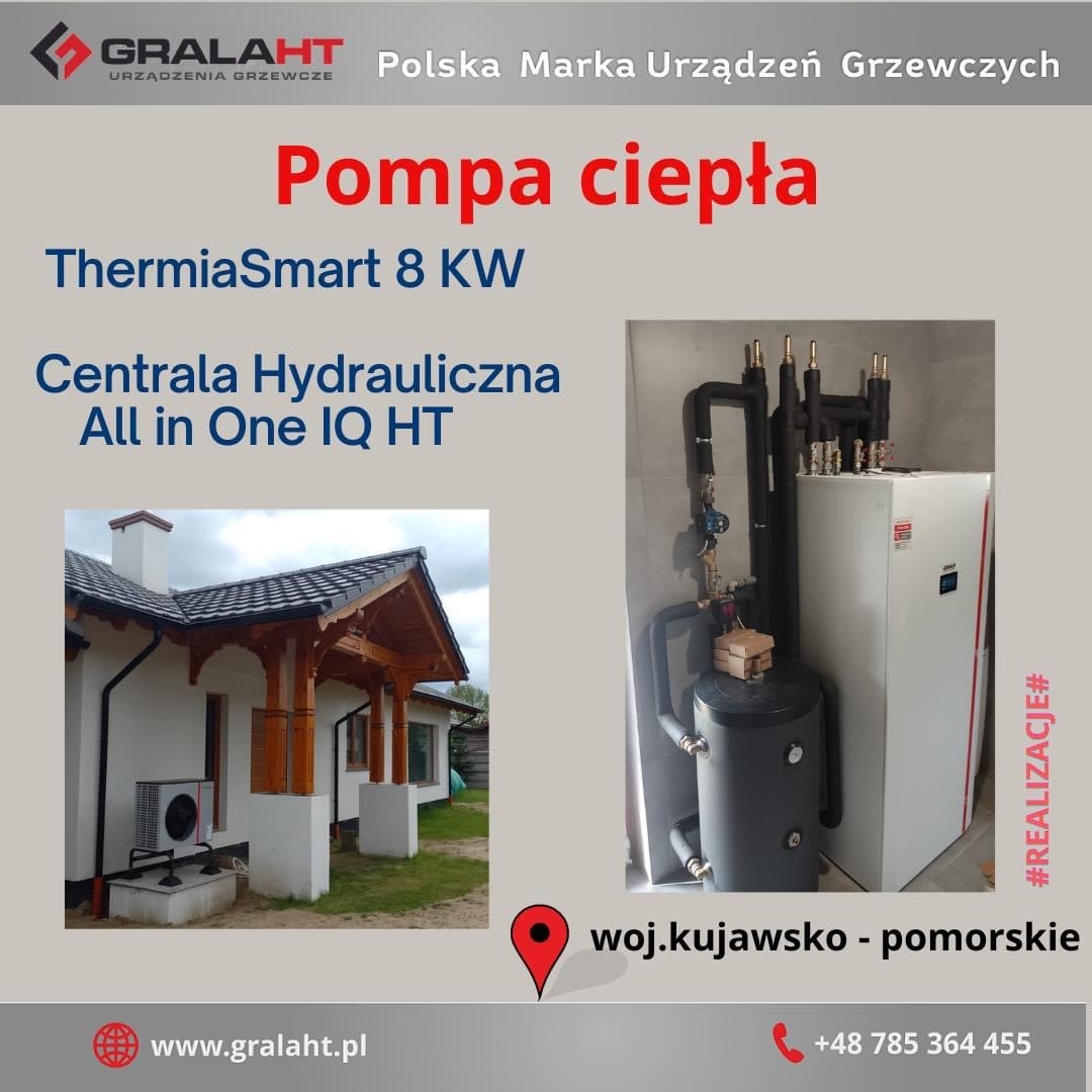 Grafika reklamowa prezentująca pompę ciepła ThermiaSmart 8 KW z centralą hydrauliczną All in One IQ HT, zainstalowaną obok budynku z zewnętrzną jednostką oraz informacjami kontaktowymi...