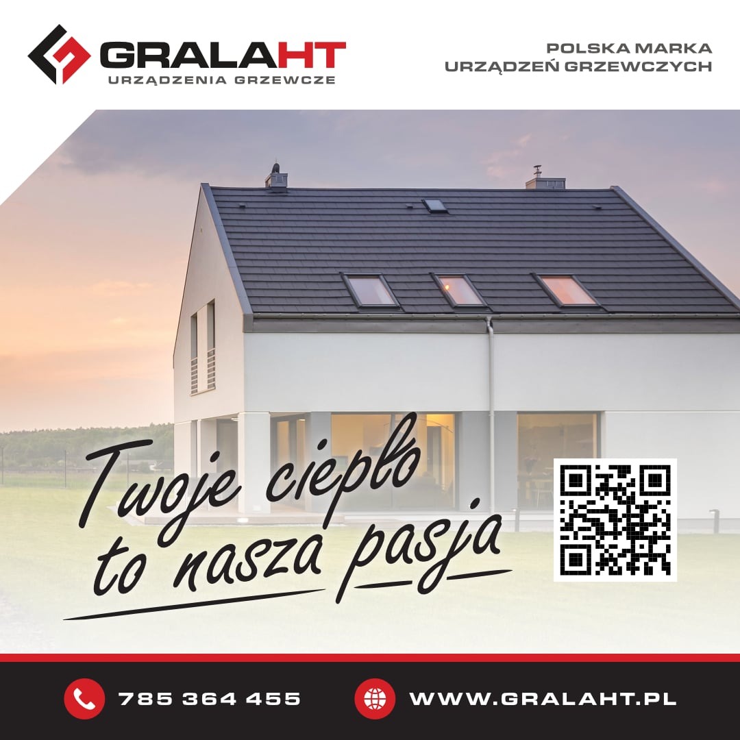 Grafika reklamowa firmy GRALAHT, prezentująca nowoczesny dom z ciemnym dachem i oknami dachowymi, hasło 'Twoje ciepło to nasza pasja', logo firmy i dane kontaktowe.