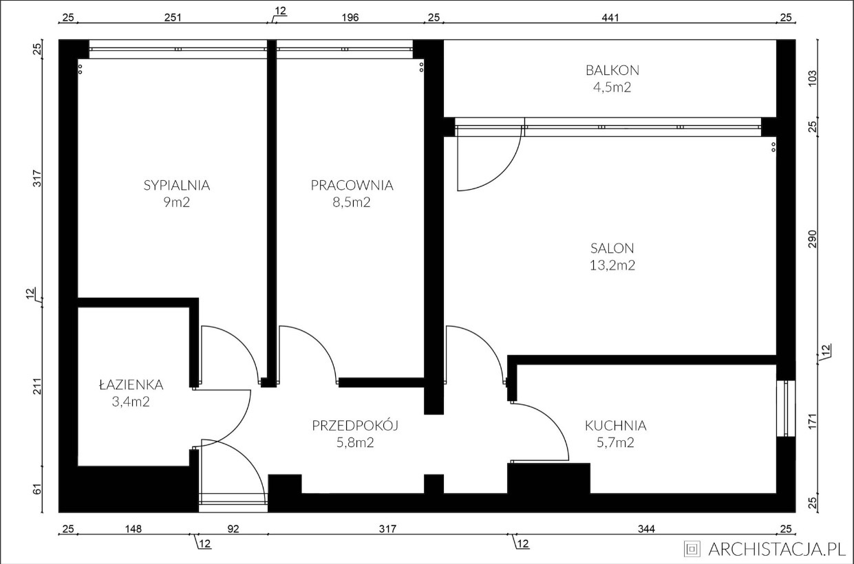 Czarno-biały plan mieszkania z wymiarami pomieszczeń: sypialnia, pracownia, łazienka, przedpokój, balkon, salon i kuchnia.