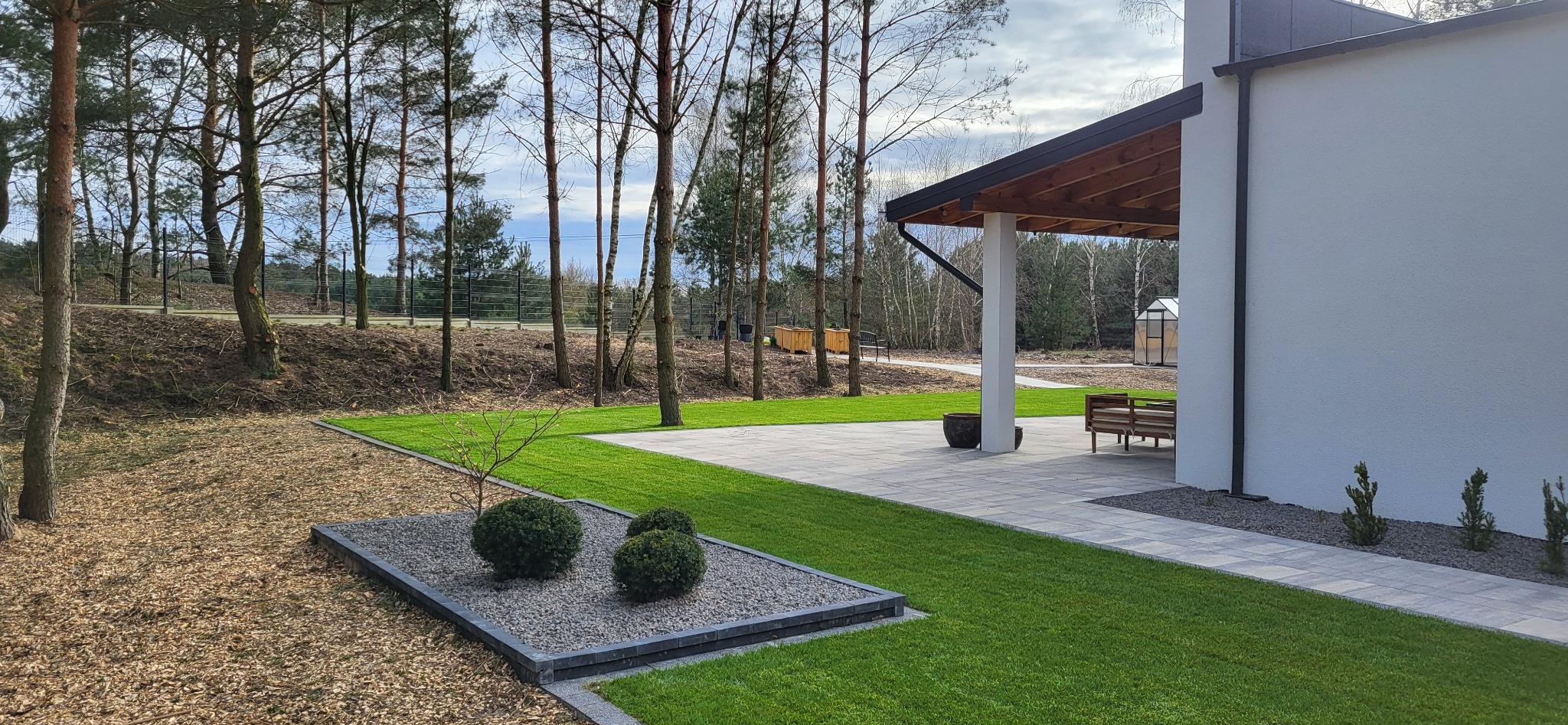 Nowoczesny ogród z równo przystrzyżonym trawnikiem, wybrukowanym tarasem i rabatą z kulistymi krzewami oraz korą, na tle domu z zadaszeniem i ogrodu z drzewami.