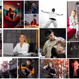 Kolaż portretów i scenek rodzajowych: młody mężczyzna robiący selfie na tle stadionu, kobieta w fotelu w czerwonym oświetleniu, osoba w kostiumie z uniesionymi rękami, dwie kobiety w kawiarni...