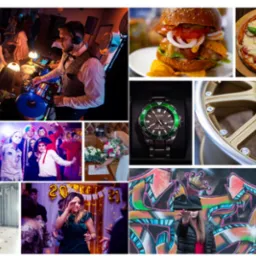 Dj w muszce obsługuje konsoletę podczas imprezy, w tle tańczący goście i dekoracje świetlne.